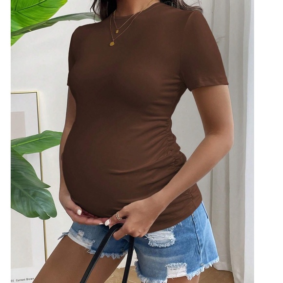 Maternity Solid Minimalist Short Sleeve Top - Picture 1 of 11